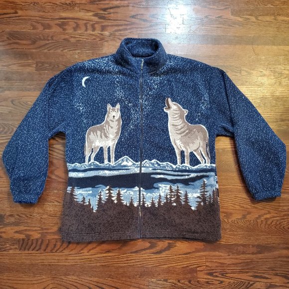 Authentic Wild Life Other - Authentic Wild Life Howling Wolf Fleece Zip Jacket Double Sided Size Medium